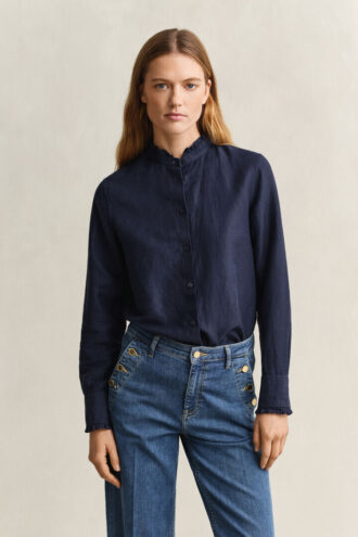 Blus i linneblandning med volanger